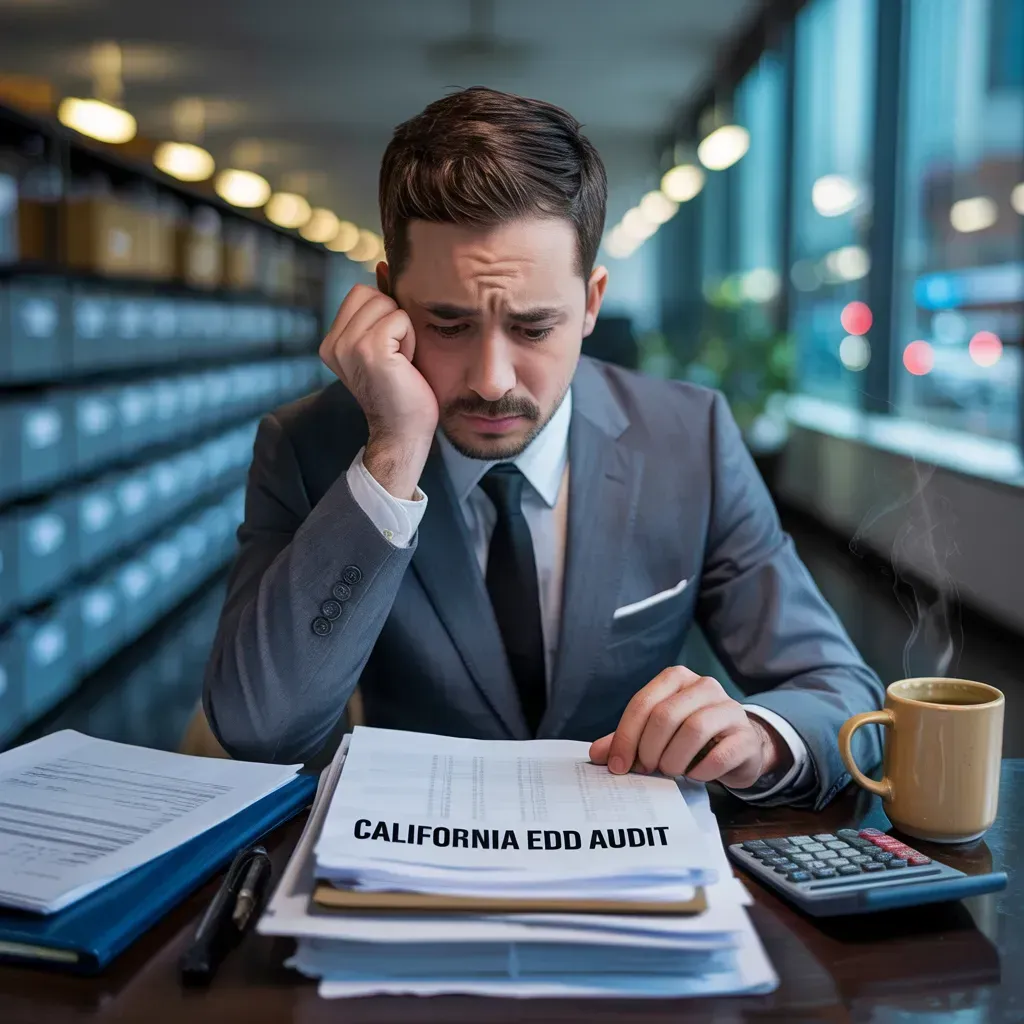 Stressed auditor at desk with “California EDD Audit” folder, calculator, papers, and coffee in a modern office