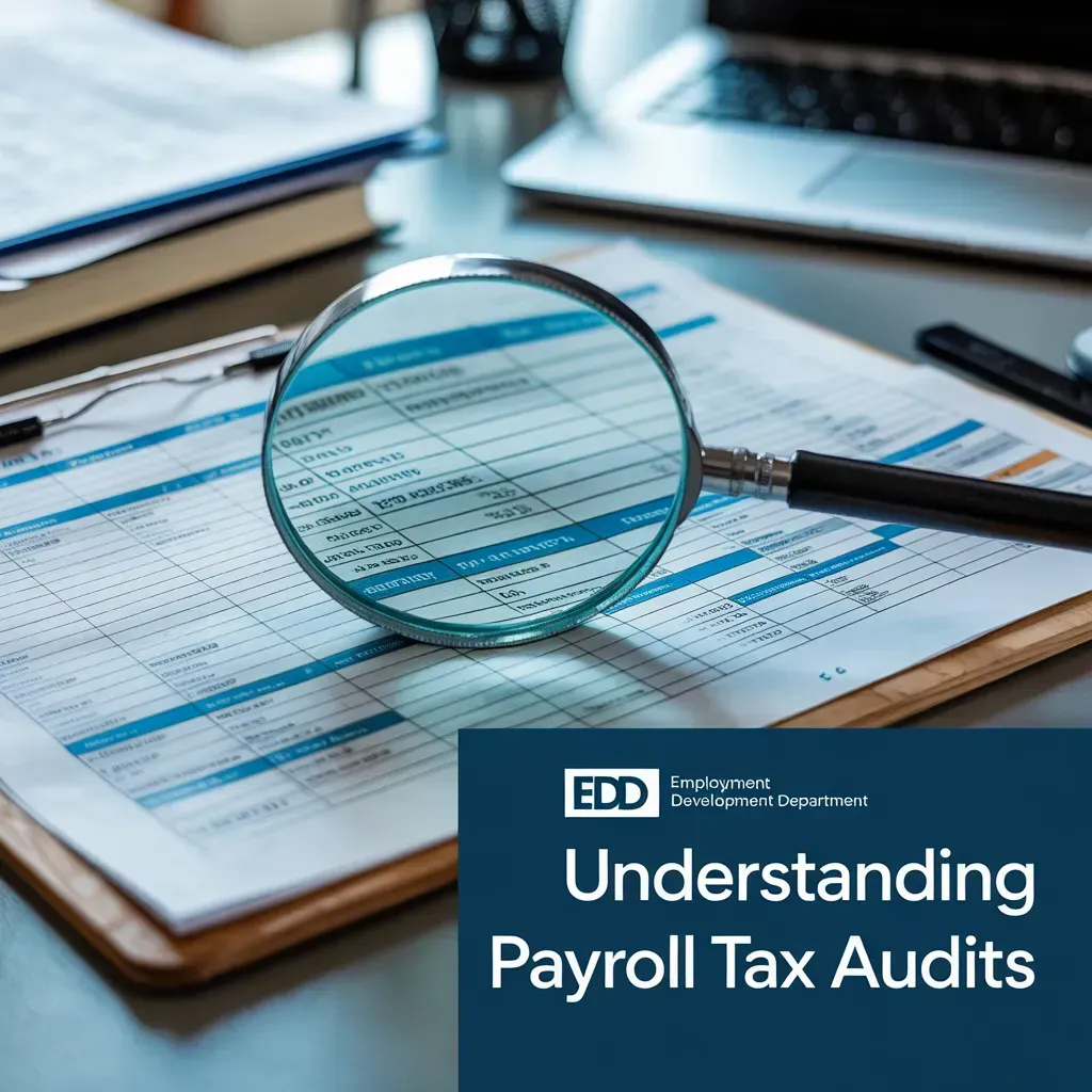 Magnifying glass over payroll tax audit paperwork on a desk with a laptop nearby