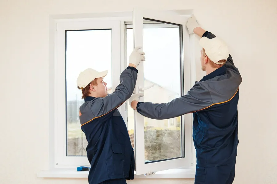 Two men are installing a window in a room.