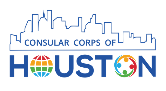 Logo for Consular Corps of Houston with a skyline outline above the text and a globe and human icons replacing the O's.