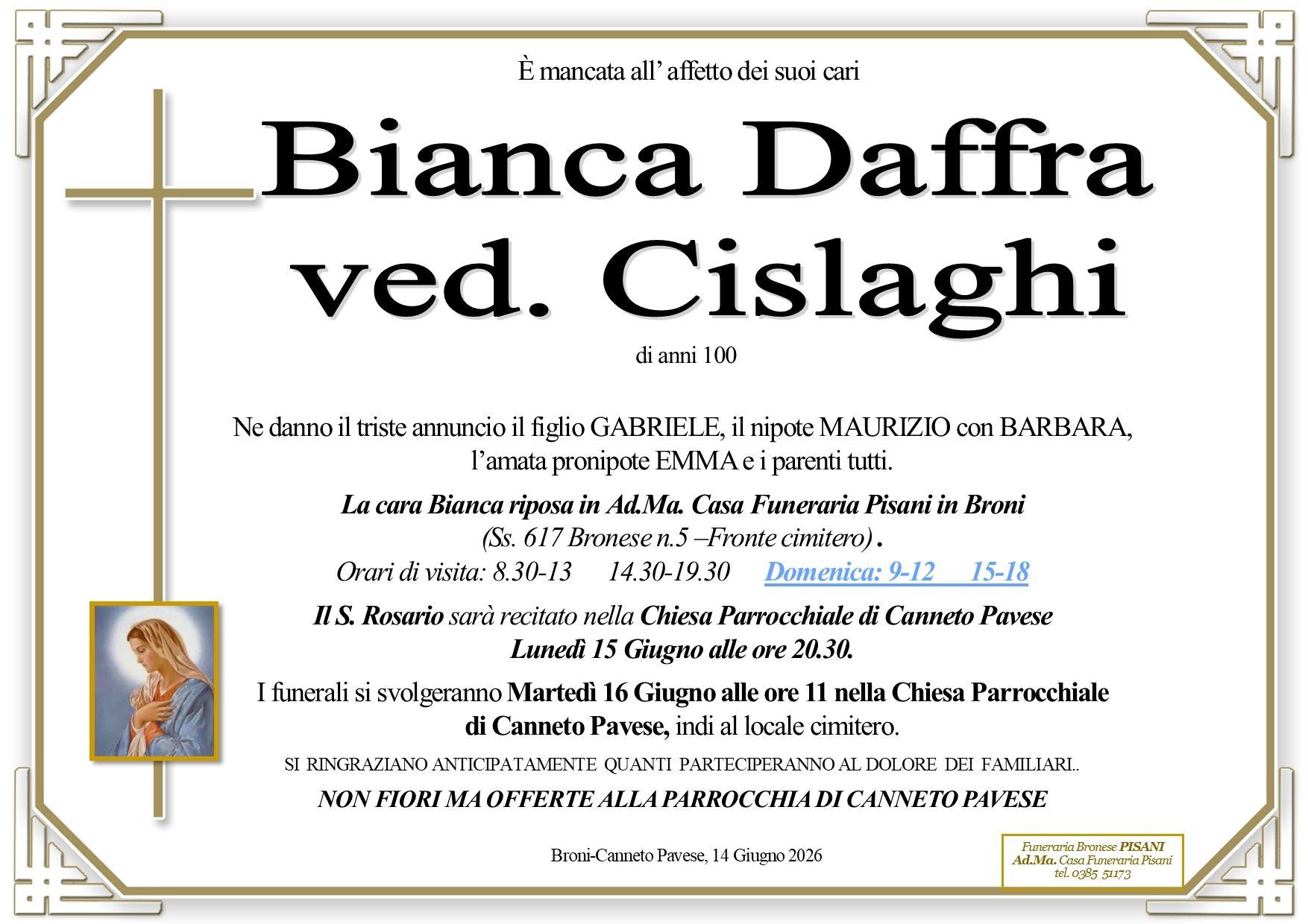 necrologio Bianca Daffra