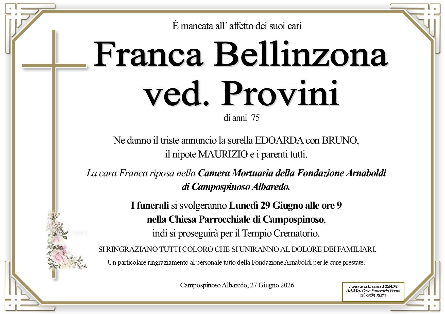 necrologio Franca Bellinzona ved. Provini