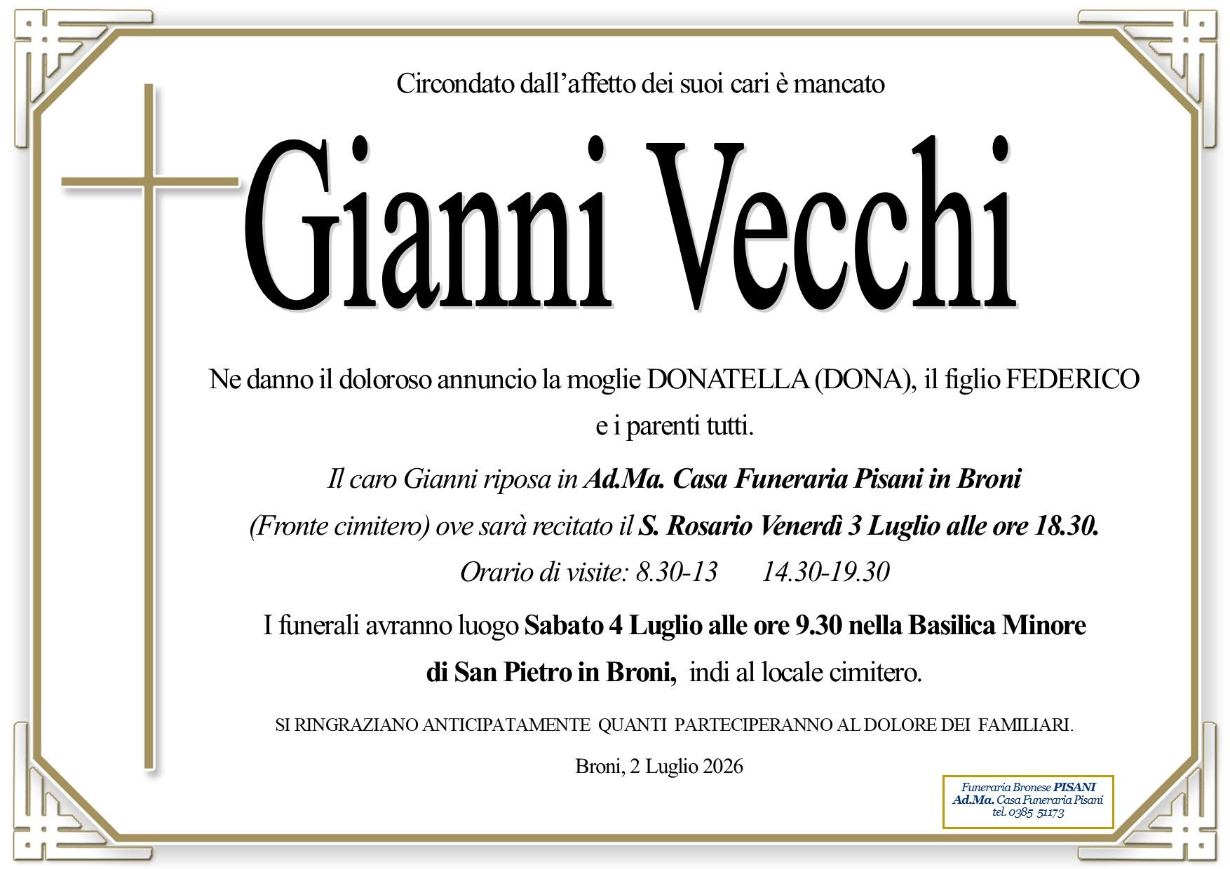 necrologio Gianni Vecchi