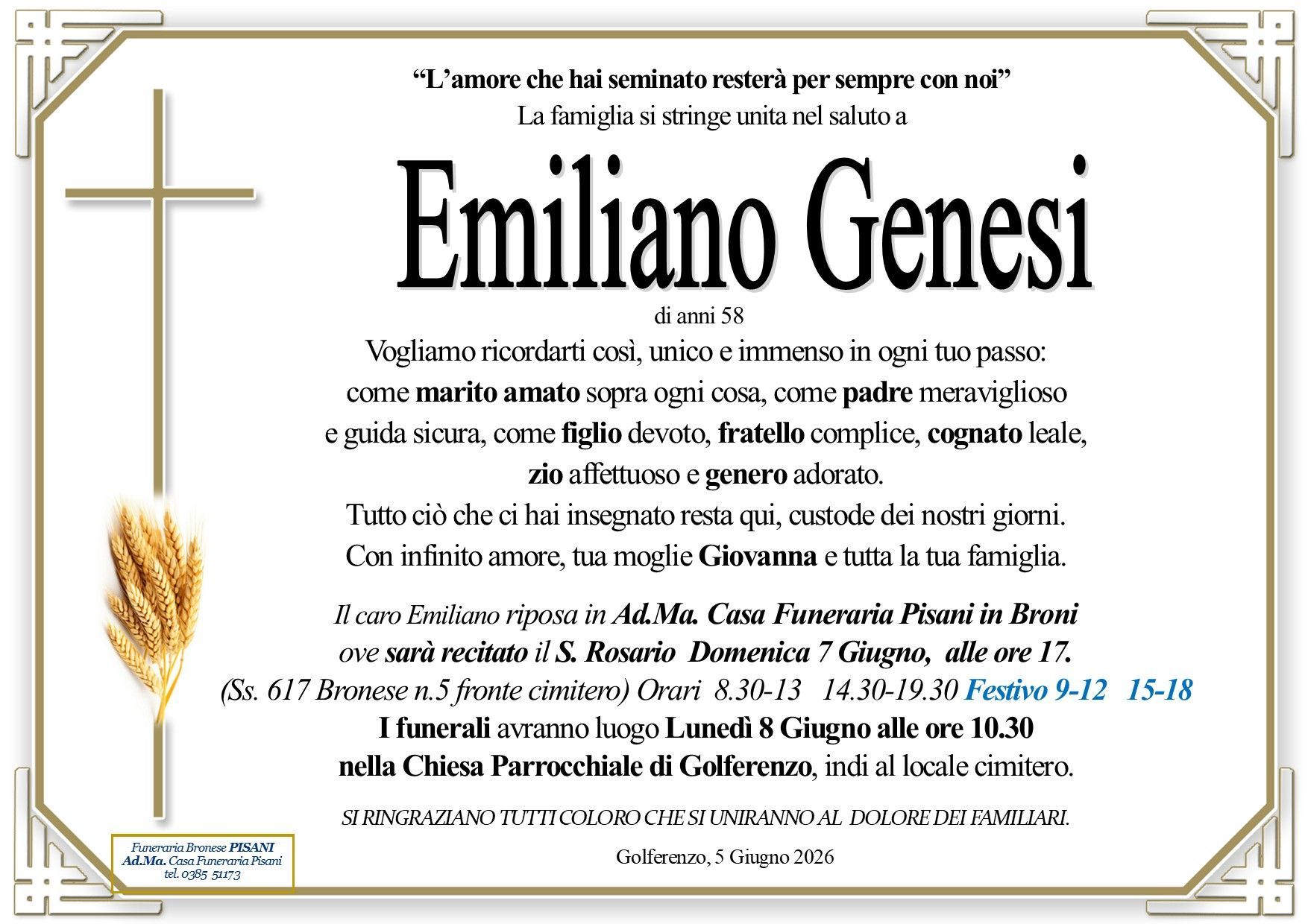 necrologio Genesi Emiliano