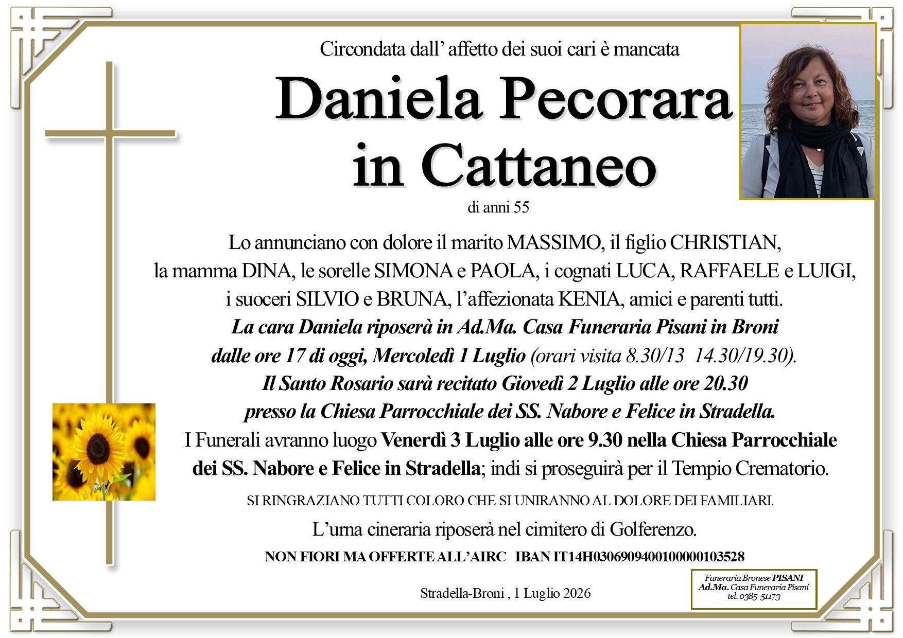 necrologio Daniela Pecorara in Cattaneo