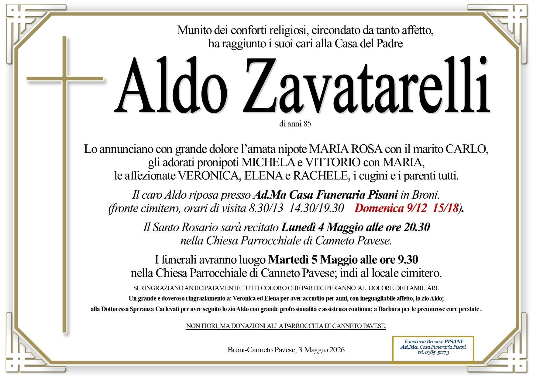 necrologio Aldo Zavatarelli