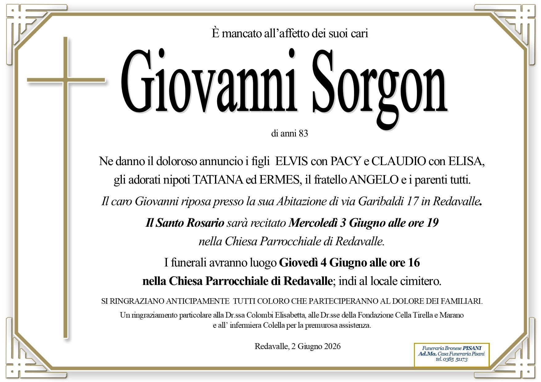 necrologio Sorgon Giovanni