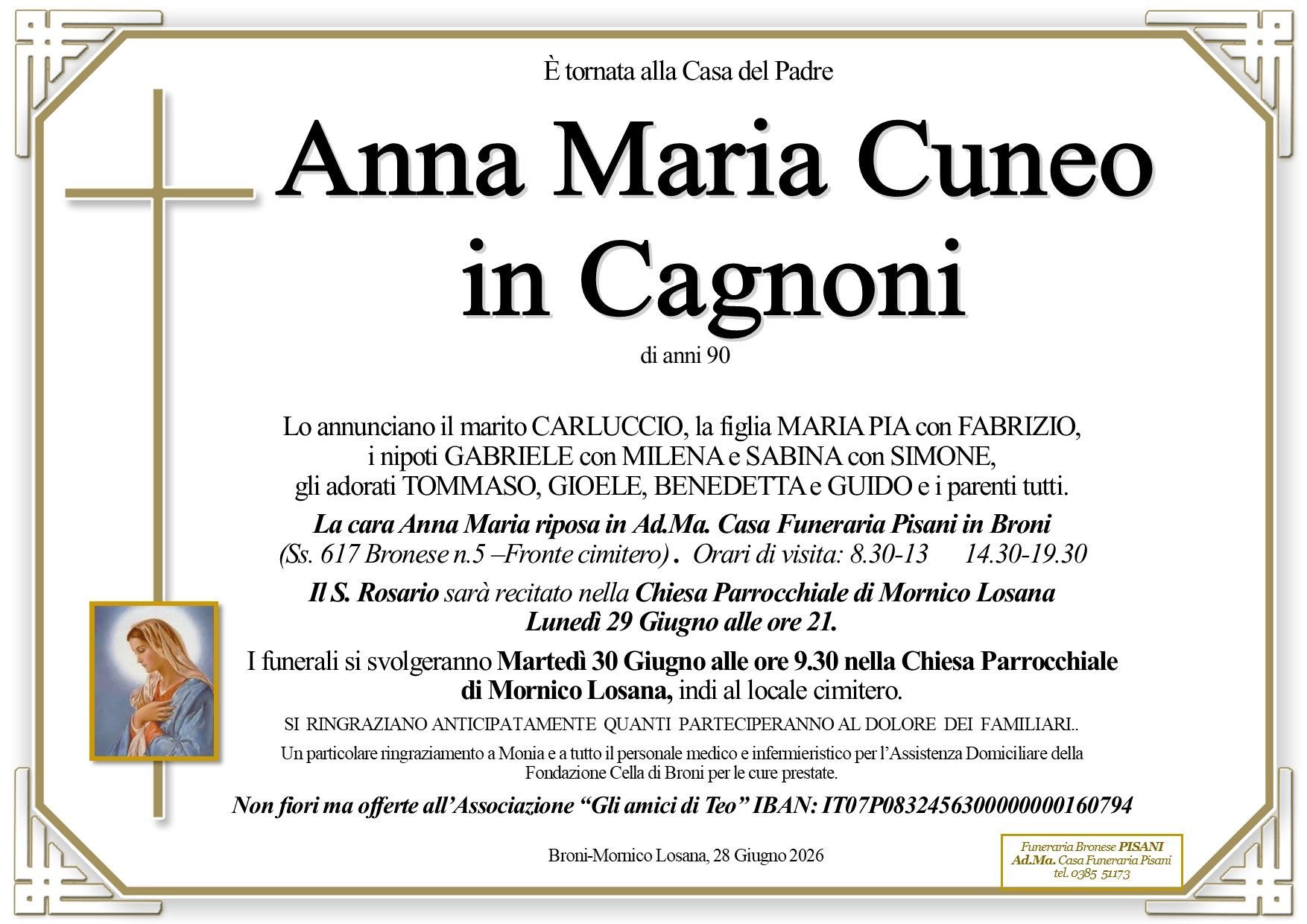necrologio Anna Maria Cuneo