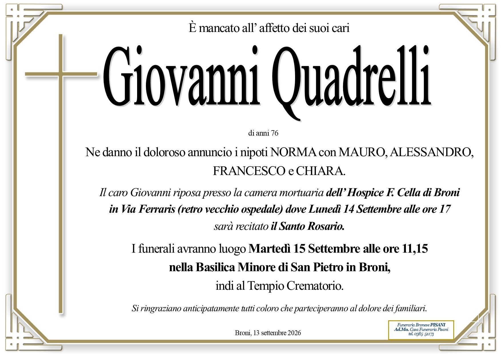 necrologio Quadrelli Giovanni