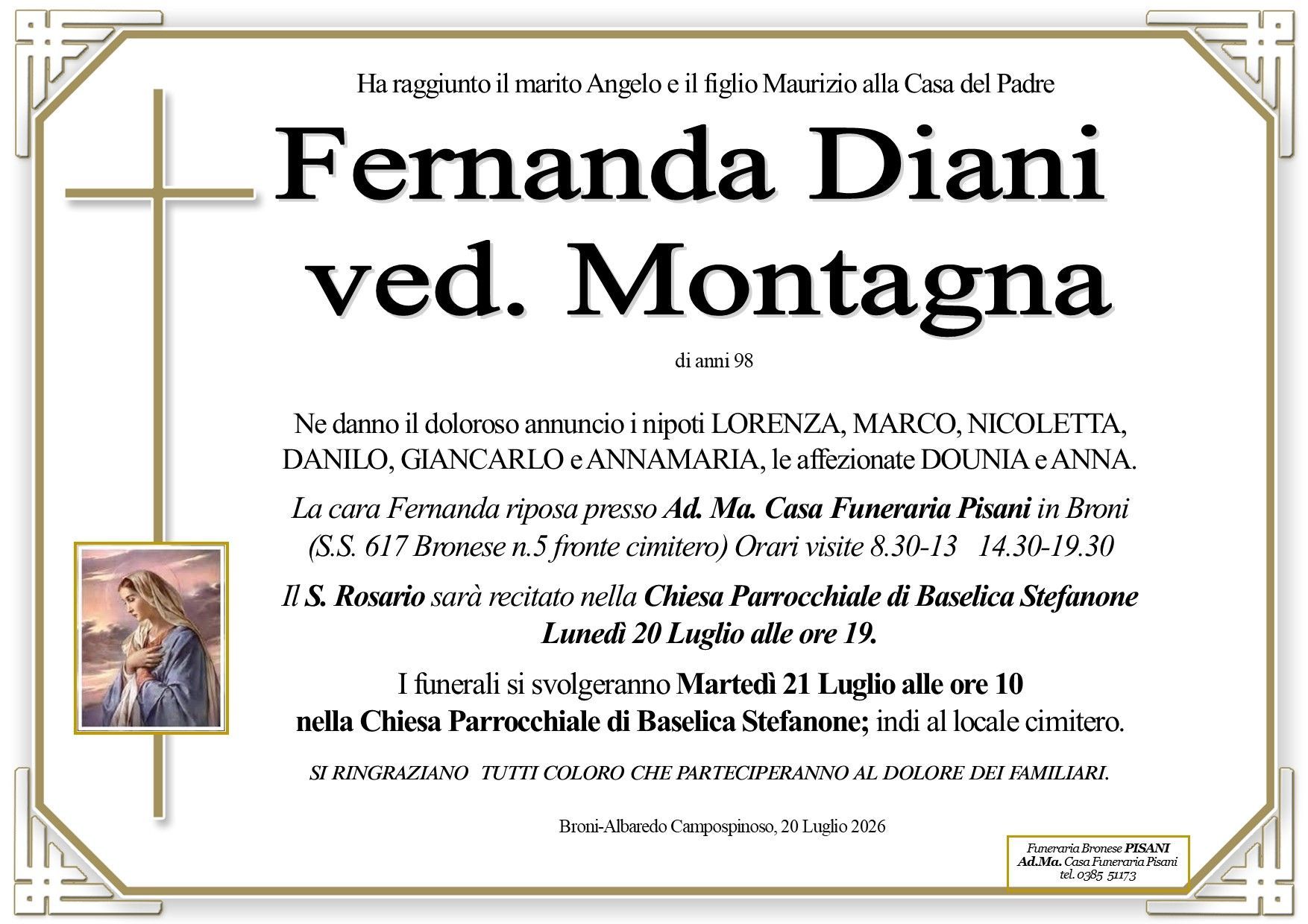 necrologio Fernanda Diani ved. Montagna