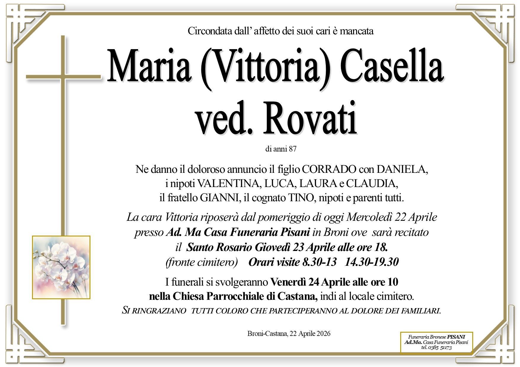 necrologio Maria (Vittoria) Casella Ved. Rovati