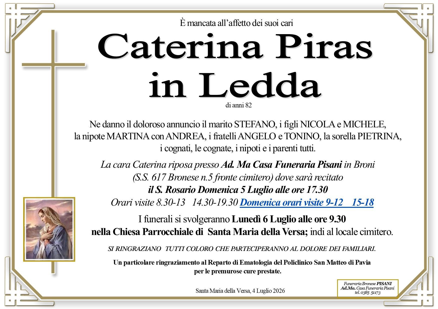 necrologio Caterina Piras in Ledda