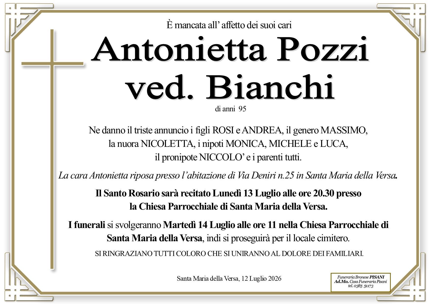 necrologio Antonietta Pozzi ved. Bianchi