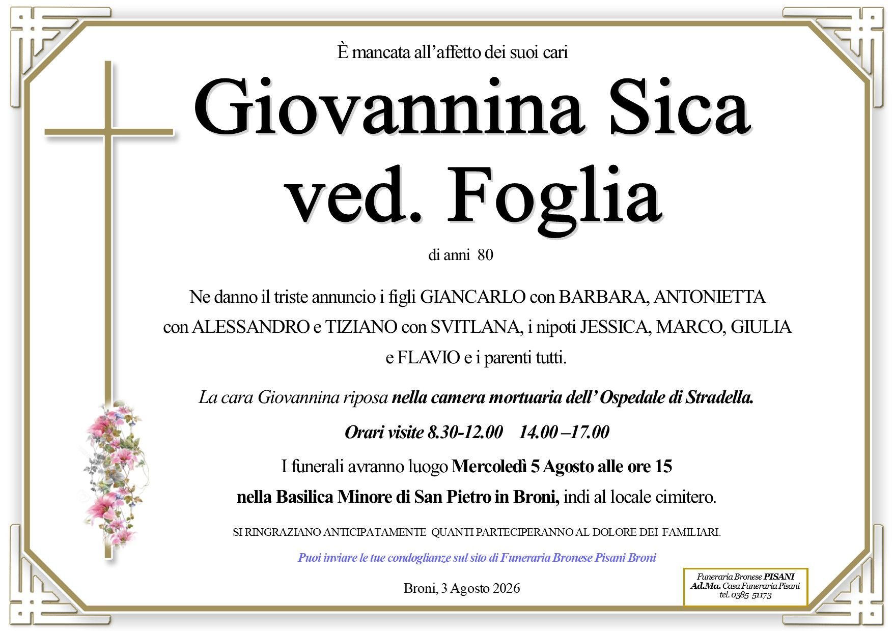 necrologio Giovannina Sica ved. Foglia