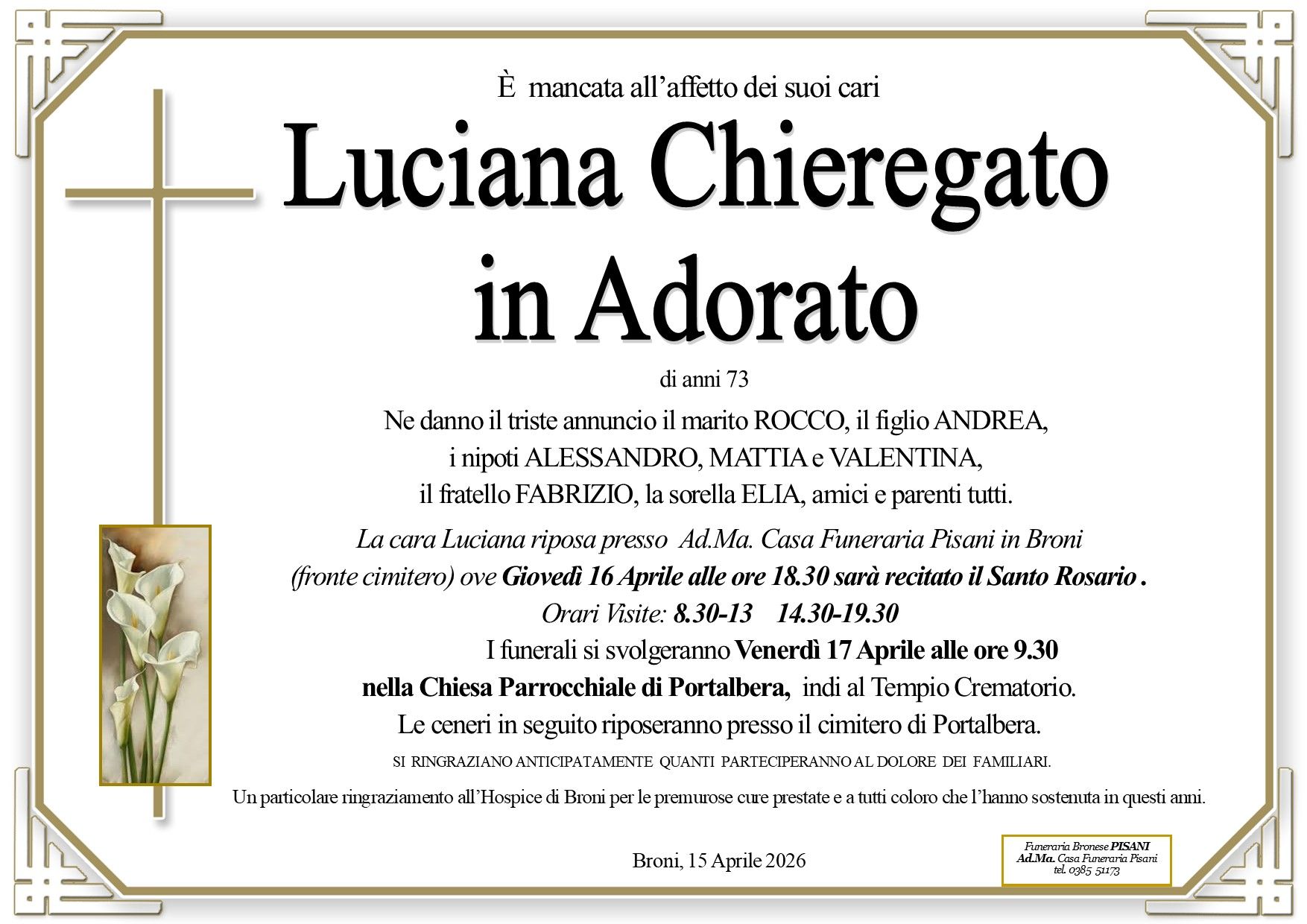necrologio Luciana Chieregato in Adorato