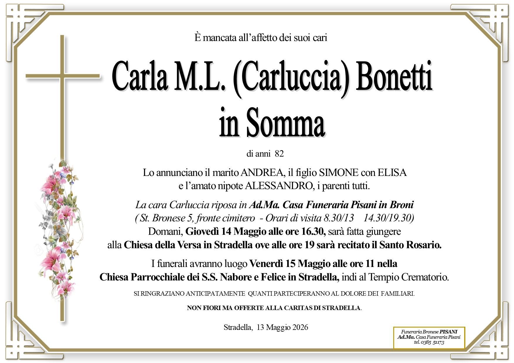 necrologio Carla Maria Luisa Bonetti