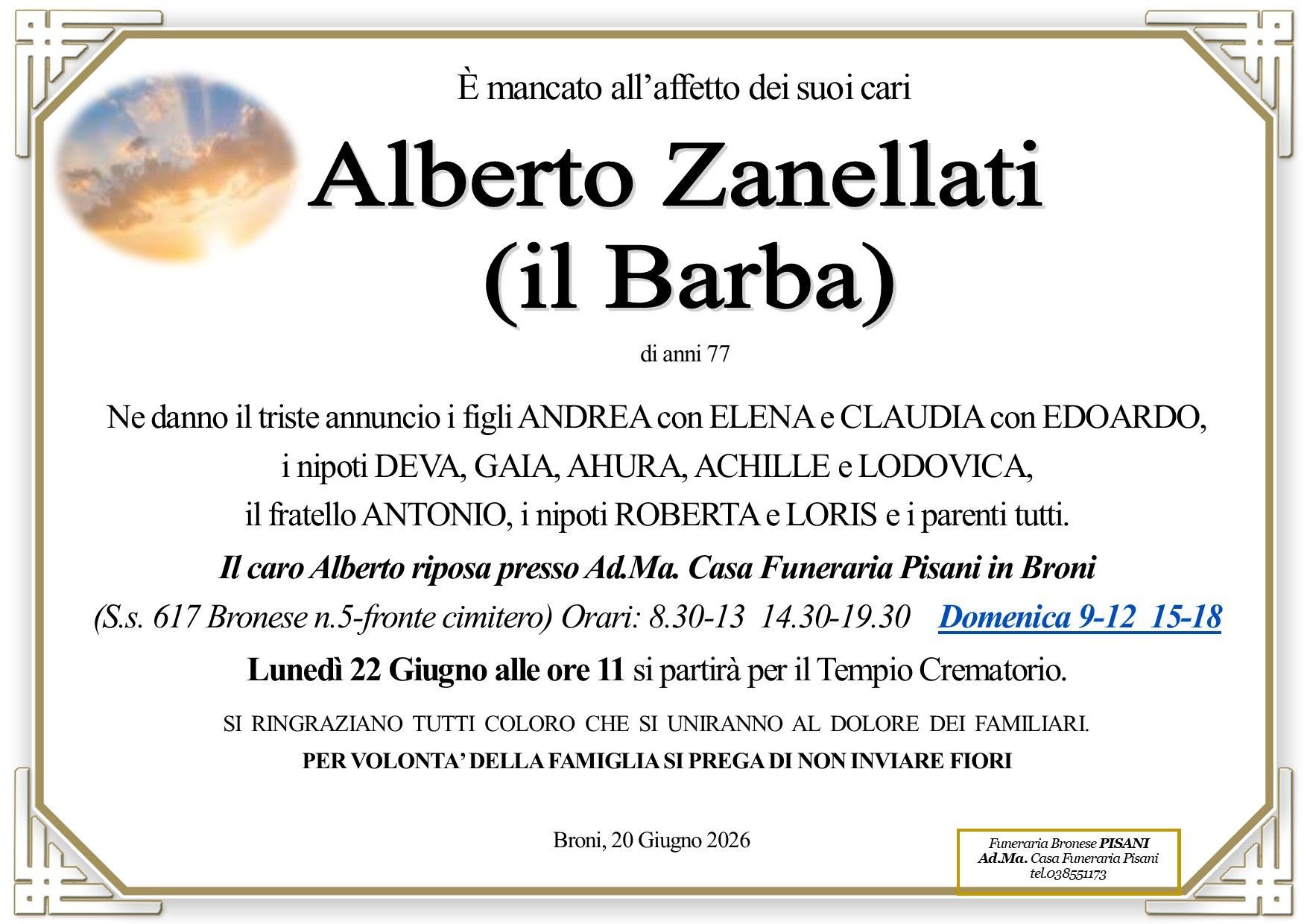 necrologio Alberto Zanellati (il Barba)