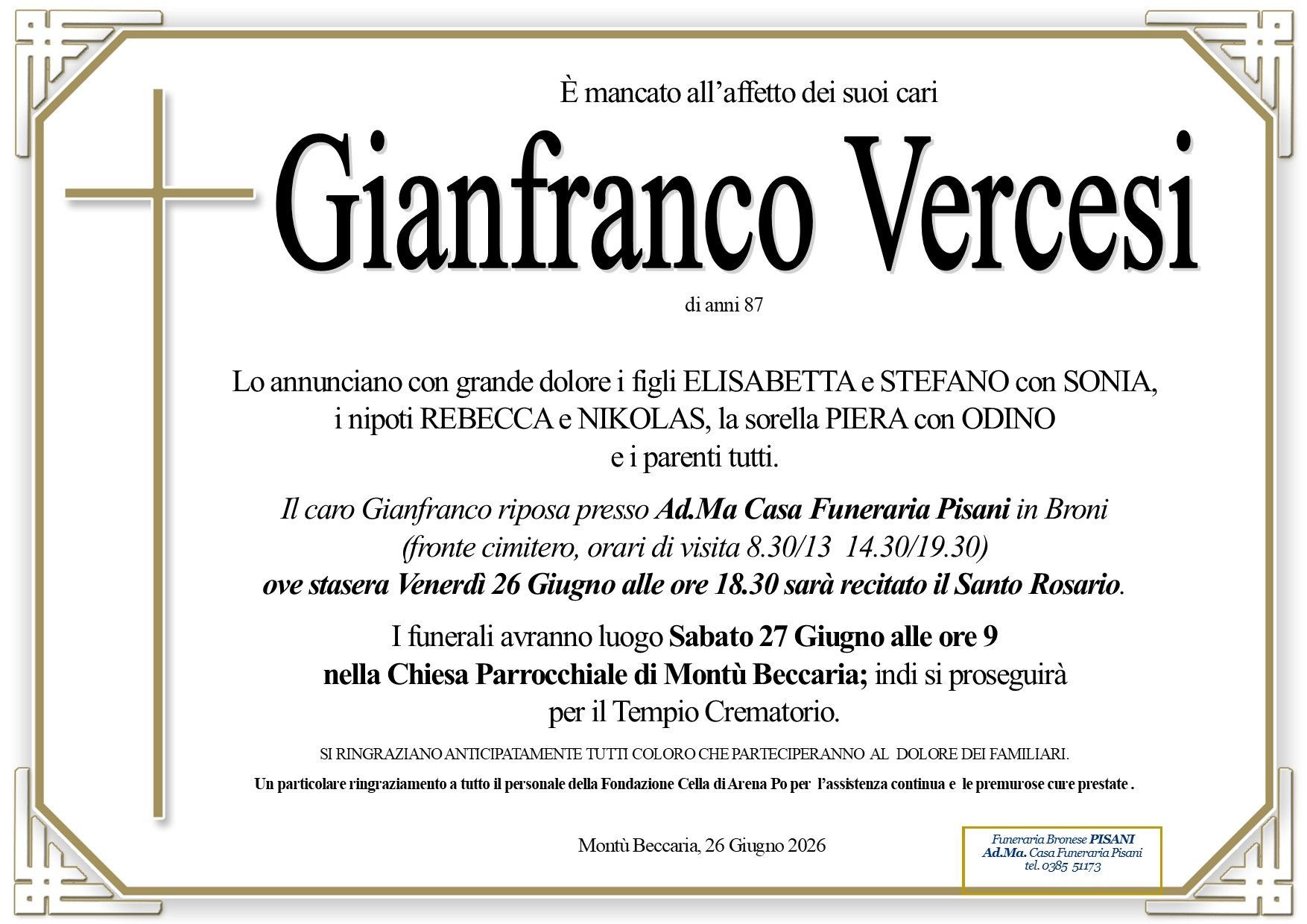 necrologio Gianfranco Vercesi