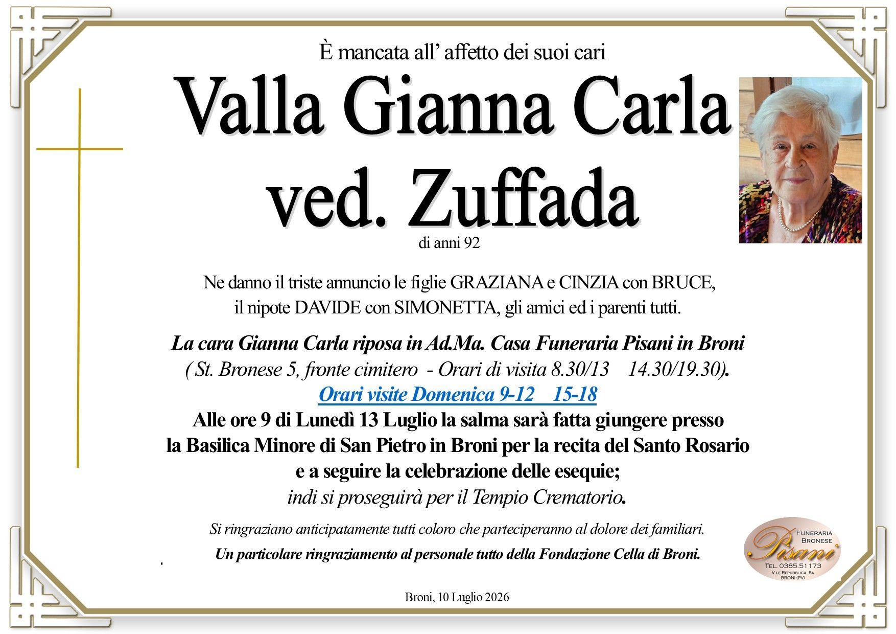 necrologio Gianna Carla Valla ved. Zufada