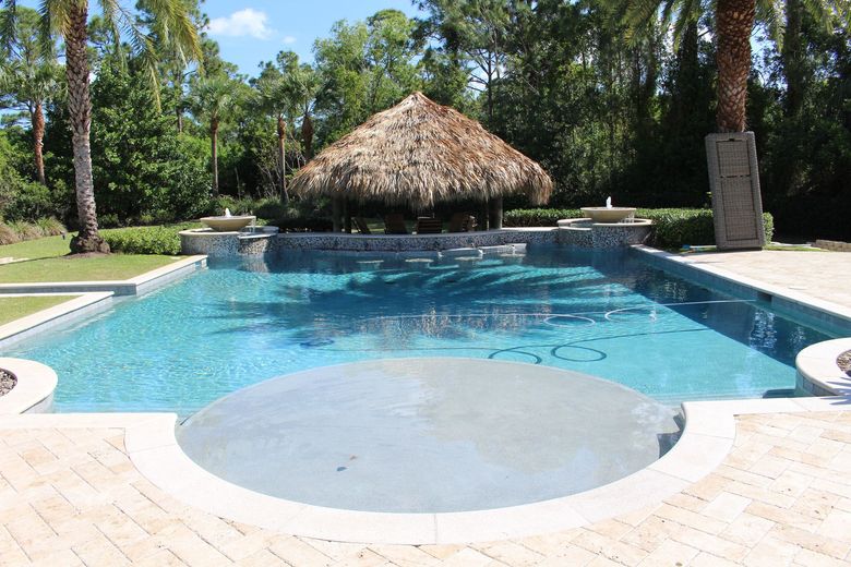 Backyard swimming pool with a thatched-roof cabana and surrounding tropical landscaping