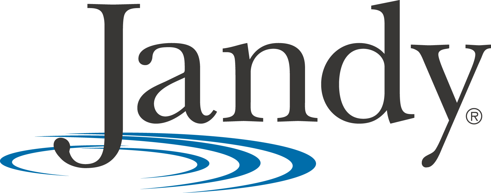 Landy logo in black with blue swirl under the text