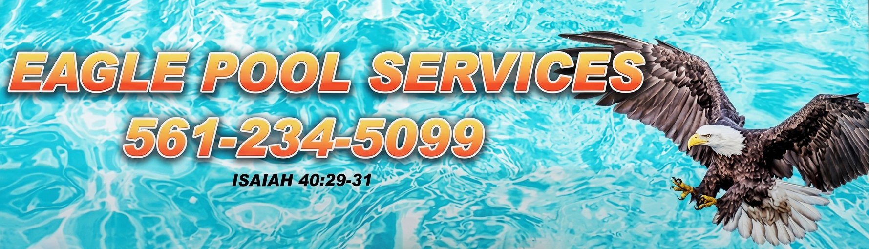 Eagle Pool Services banner with eagle, blue water, and phone number 561-234-5099