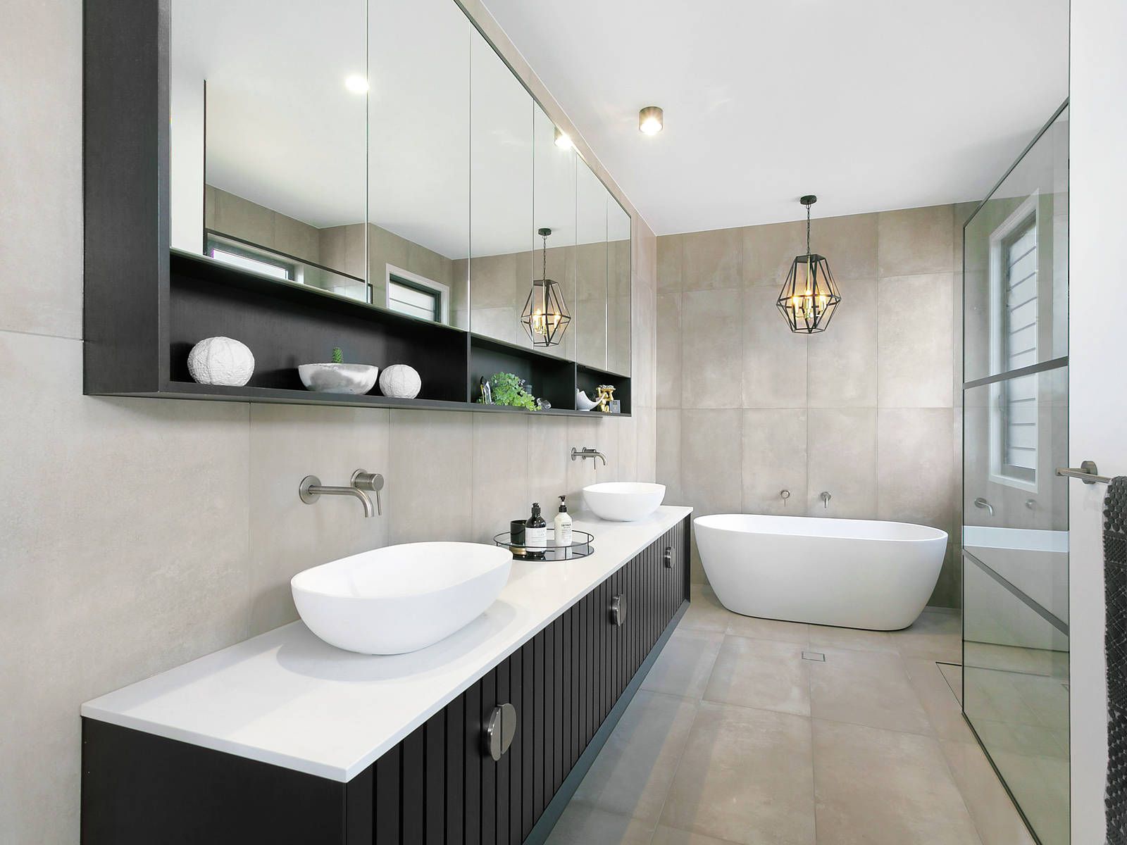 A Bathroom With Two Sinks and a Bathtub — Hot Rock Granite In Burleigh Heads, QLD