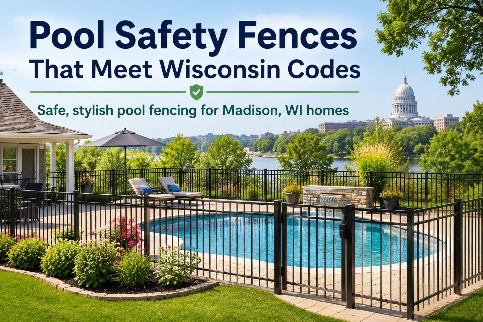 Black aluminum pool safety fence around a residential backyard pool in Madison, Wisconsin