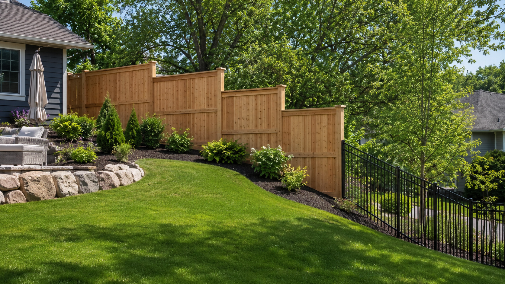 Madison WI sloped backyard with stepped wood privacy fence and black aluminum fence installed