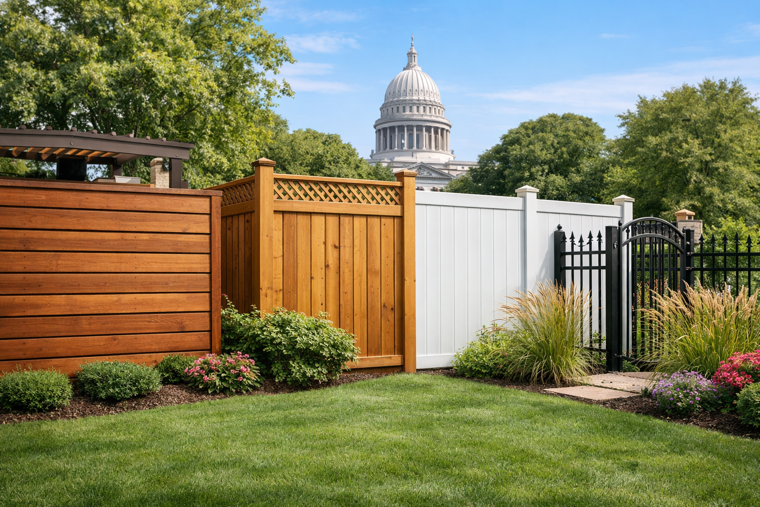 Madison backyard with wood, cedar, vinyl, and black metal fences, landscaped lawn
