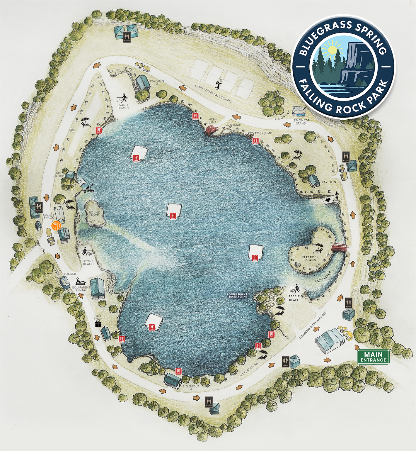 Illustrated map of a blue lake with surrounding trails, trees, buildings, and signage.