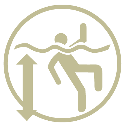 Beige circular icon of a person floating in water with up/down arrows indicating depth or buoyancy
