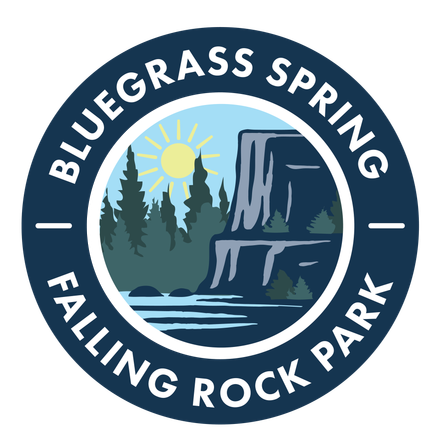 Bluegrass Spring Falling Rock Park circular logo with mountains, trees, sun, and river.