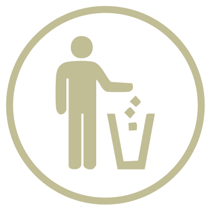 Person dropping trash into a bin inside a beige circle icon.