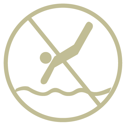 Stylized beige icon of a swimmer crossed out in a circle, indicating no swimming or bathing.