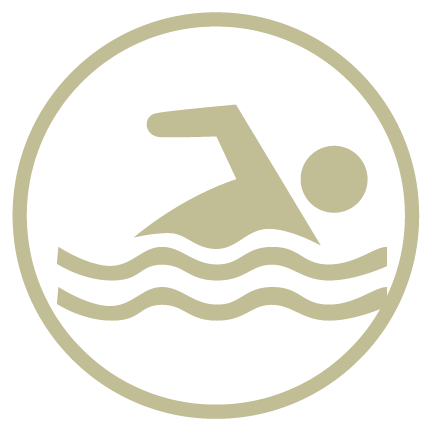 Stylized swimmer icon in beige within a circle, with wavy water lines below.