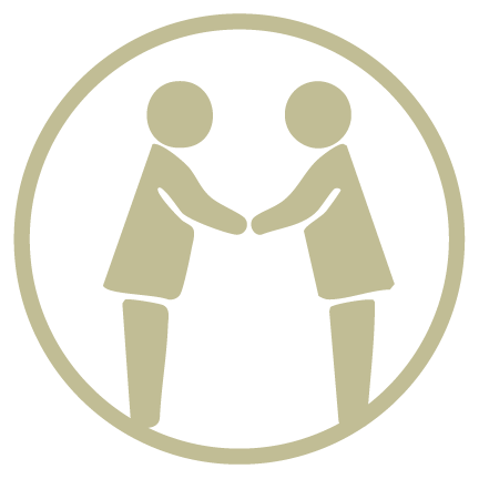 Two beige figures shaking hands inside a beige circle icon