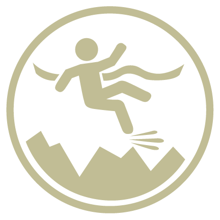 Gold warning icon of a person slipping on a mountain slope inside a circle