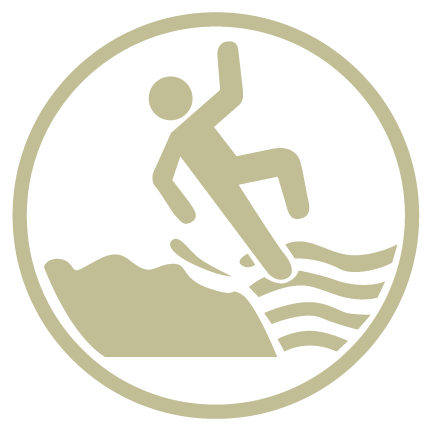 Person slipping on wet floor, with waves and a beige caution-style symbol