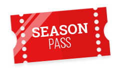 Red season pass ticket with white perforated edges and bold white text
