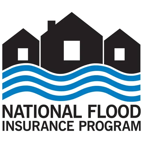 Logo of the National Flood Insurance Program: houses above blue water waves.