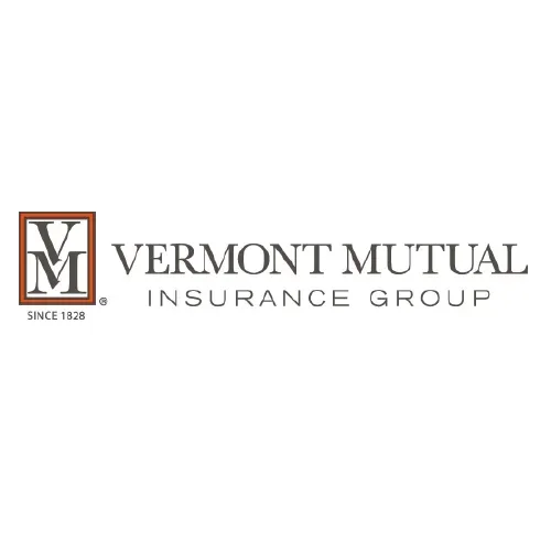 Vermont Mutual Insurance Group logo. Brown framed VM letters, text