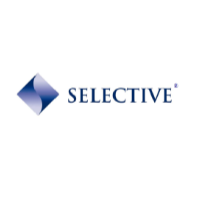 Logo for Selective Insurance. Blue diamond shape with curved lines and the word