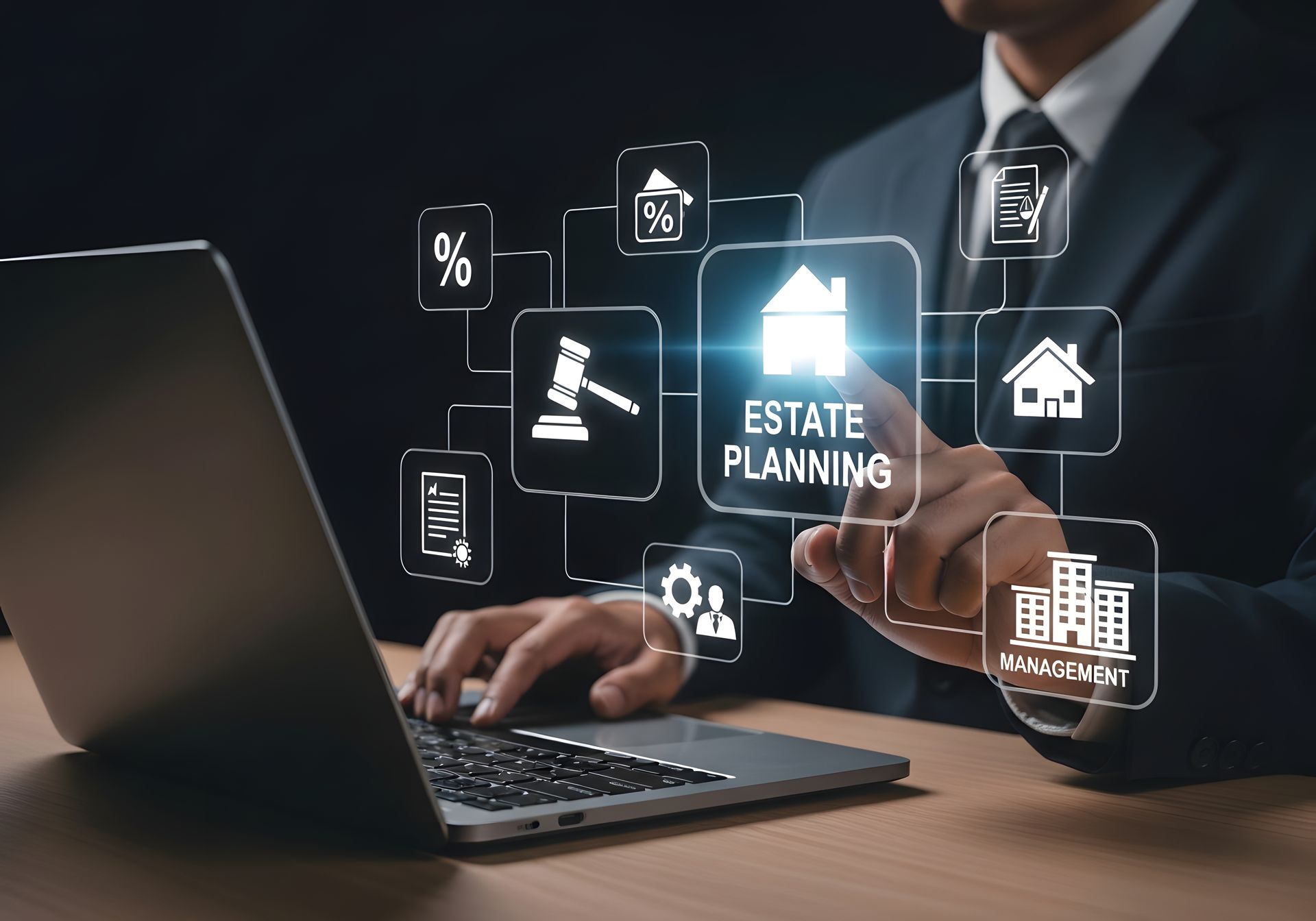 Professional estate planner managing assets with modern technology.