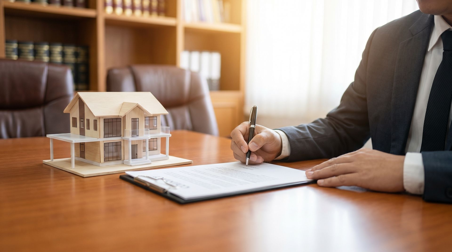 Estates attorney reviewing property documents beside model home during legal consultation.