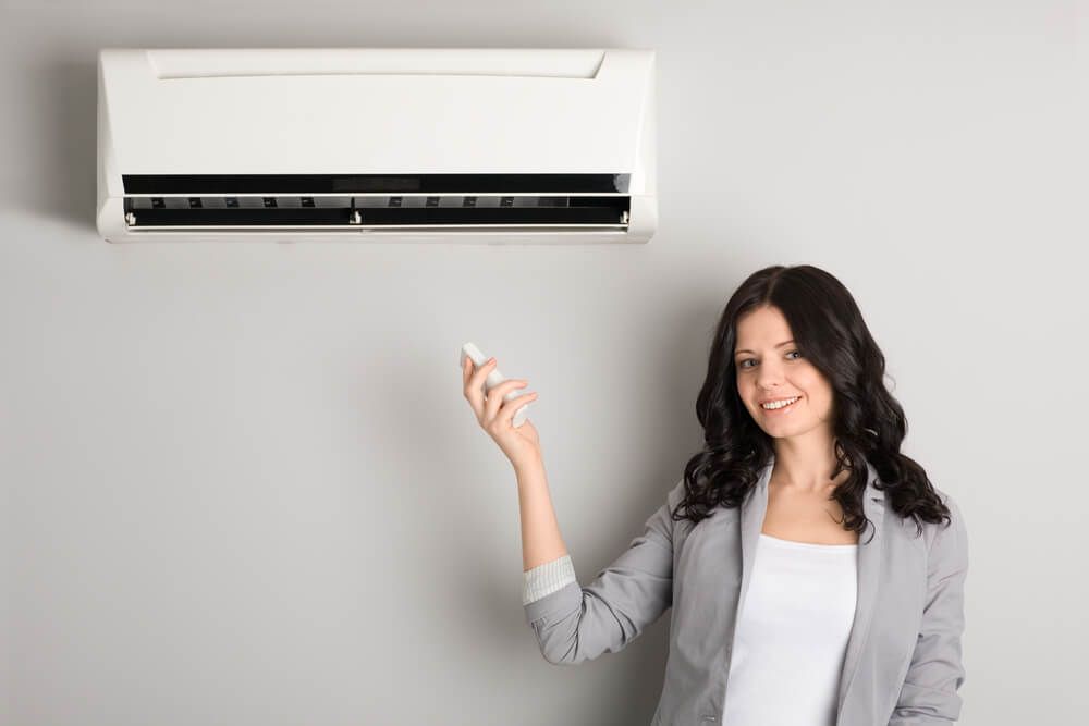 Girl Holding an Air Conditioner Remote  —  HVAC Systems in Mudgee, NSW