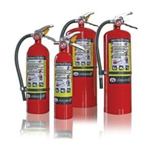 Four red fire extinguishers arranged in a row on a white background