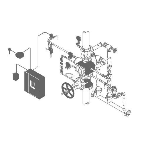 Black-and-white technical schematic of an industrial valve assembly with pipes, gauges, and a control panel.