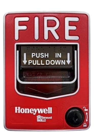 Red emergency call button on a wall with “Press when fire” label