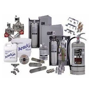 Assorted industrial fire suppression components, cylinders, valves, and nozzles arranged on a white background
